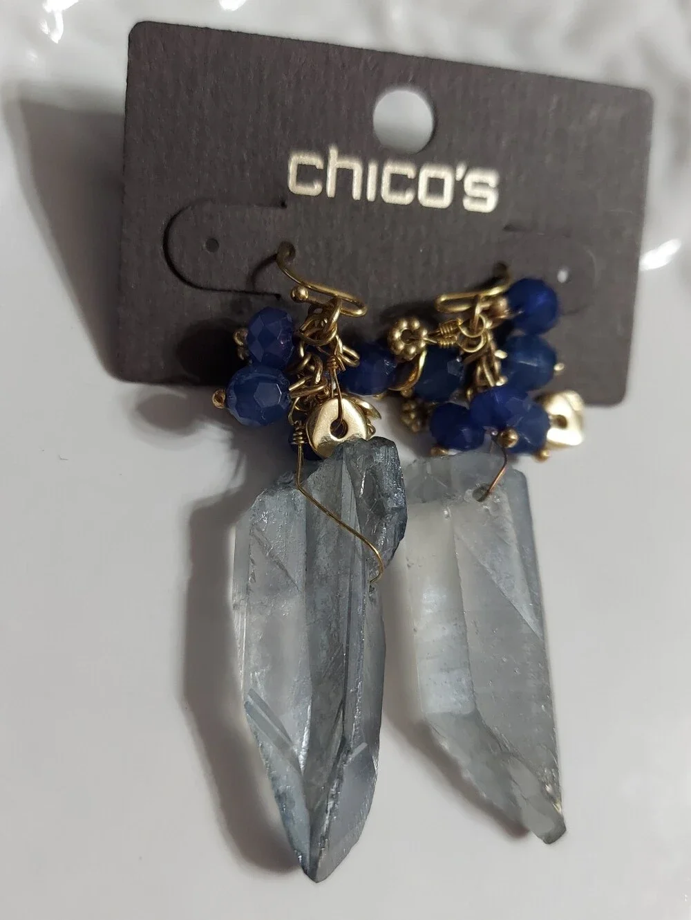 Chico's Gold Tone/'ENYA' Crystal Stone & Faceted Blue Bead Drop Earrings.